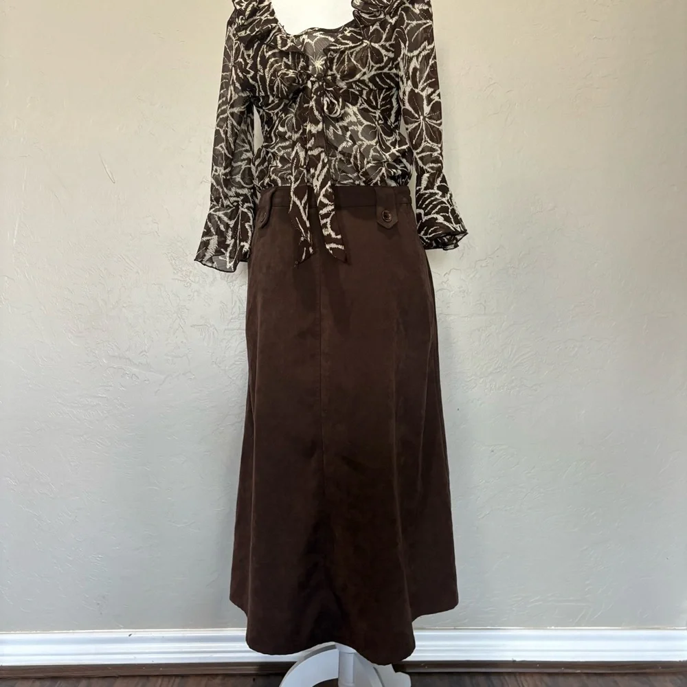 NWT 90s Sheer Floral Ruffle Tie Blouse Brown Beige | Versailles PM - Picture 9 of 12